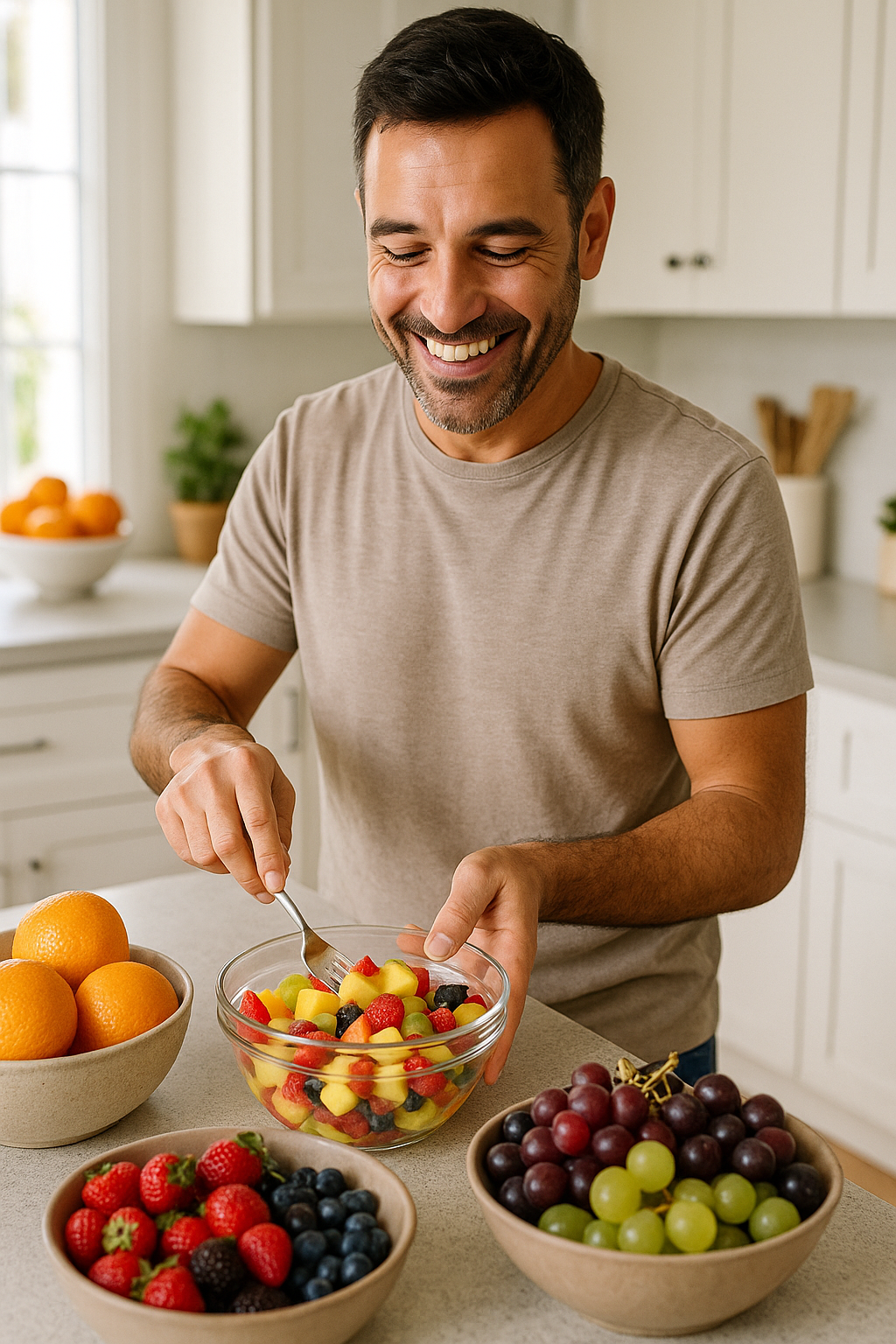 Hombre preparando una ensalada de fruta